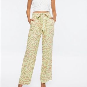 Belted High Rise Zebra Linen Pants